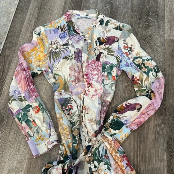 Zara Floral Parrot Button Up Belted Mini Linen Dress XS blogger fav - Picture 10 of 12